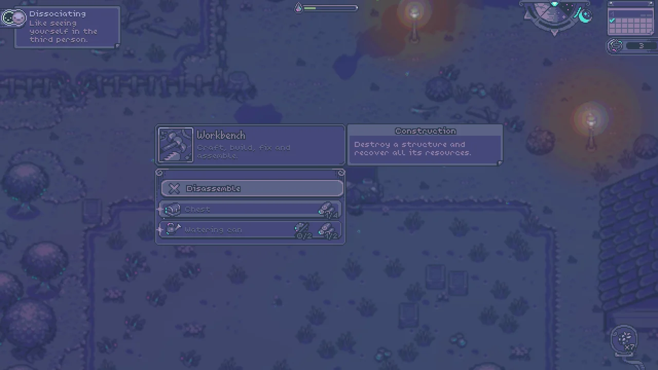 Fiona beside crafting equipment and growing crops in Neverway