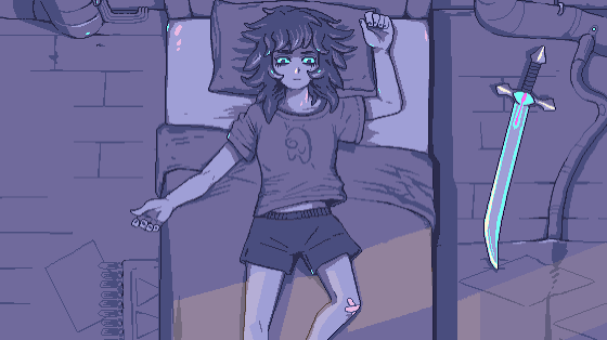 Fiona lying in bed with her sword floating nearby