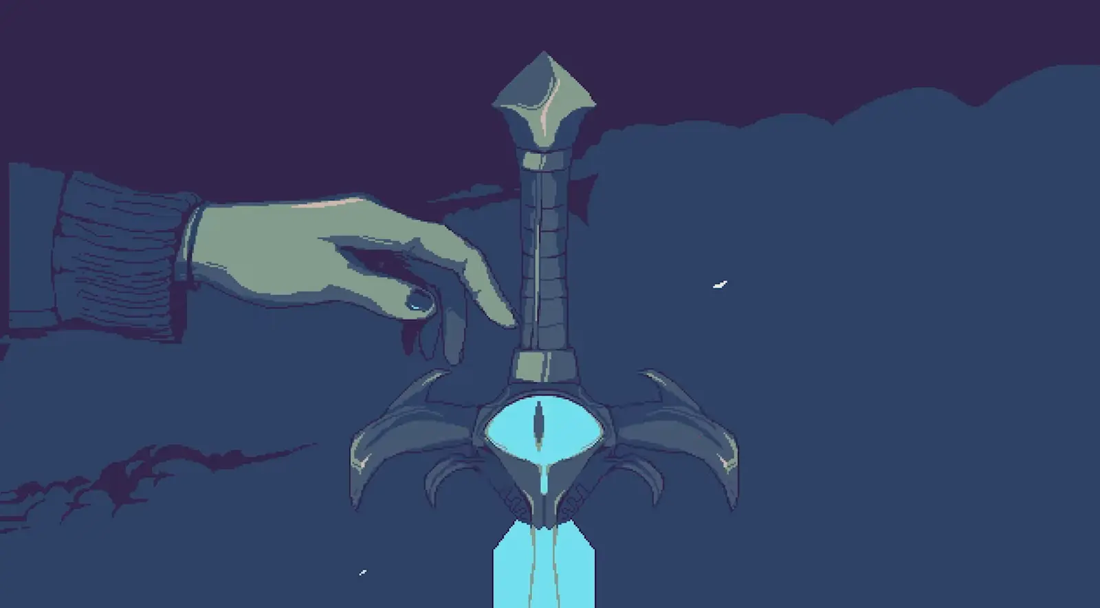 A hand reaching toward a sword with an eye set into its hilt