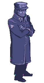 Full-body pixel art of Edgar standing with his arms crossed