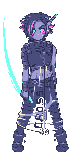 Full-body pixel art of Fang holding a curved weapon