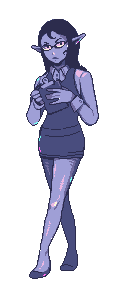 Full-body pixel art of Helena holding a cup