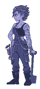 Full-body pixel art of Monica carrying tools