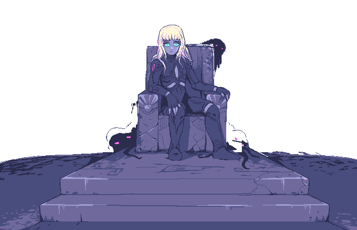 Pixel-art cinematic image of Lancelot seated on a throne