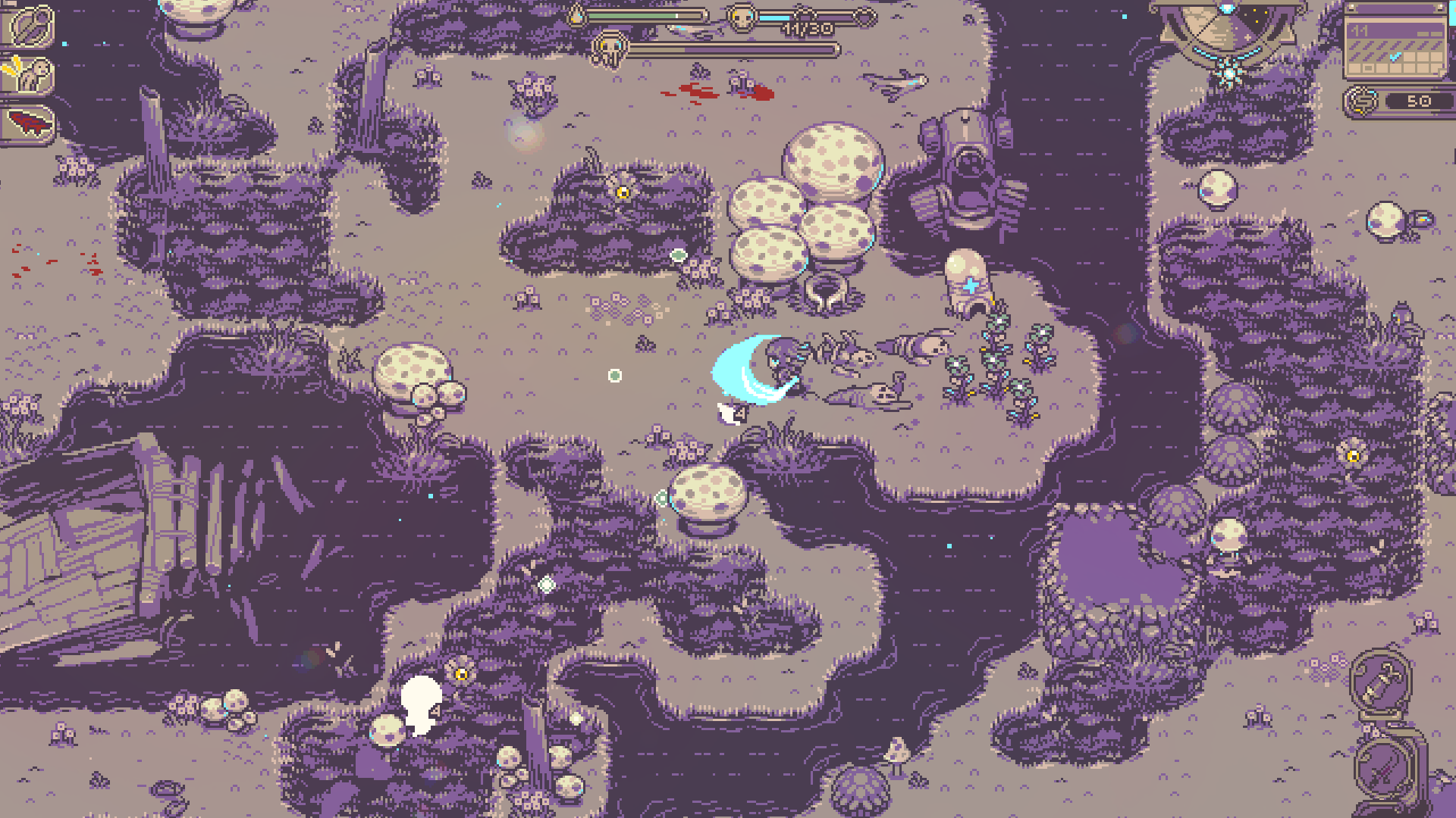 Fiona fighting creatures in a lavender landscape