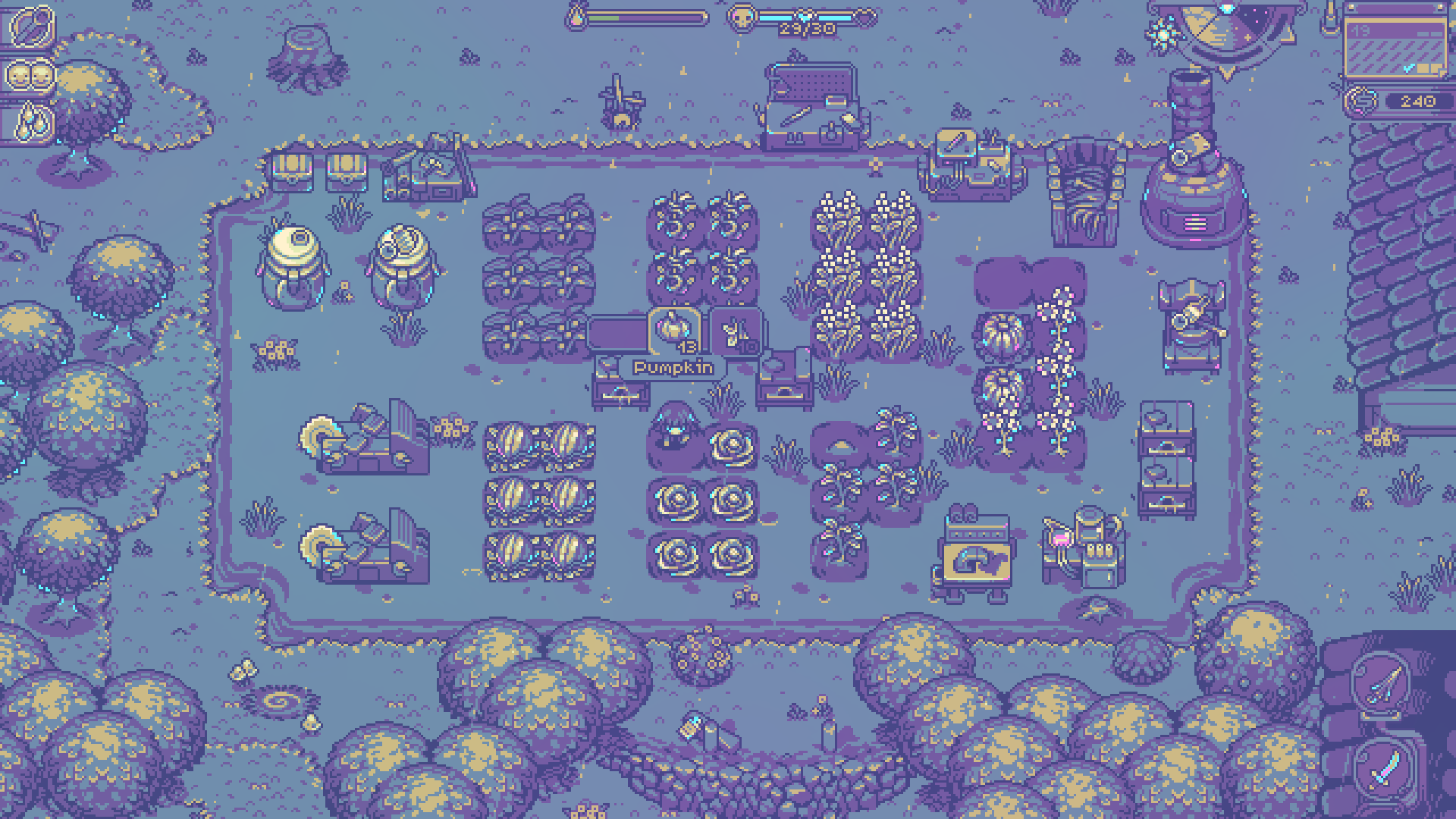 A farm with crops, machines and crafting stations