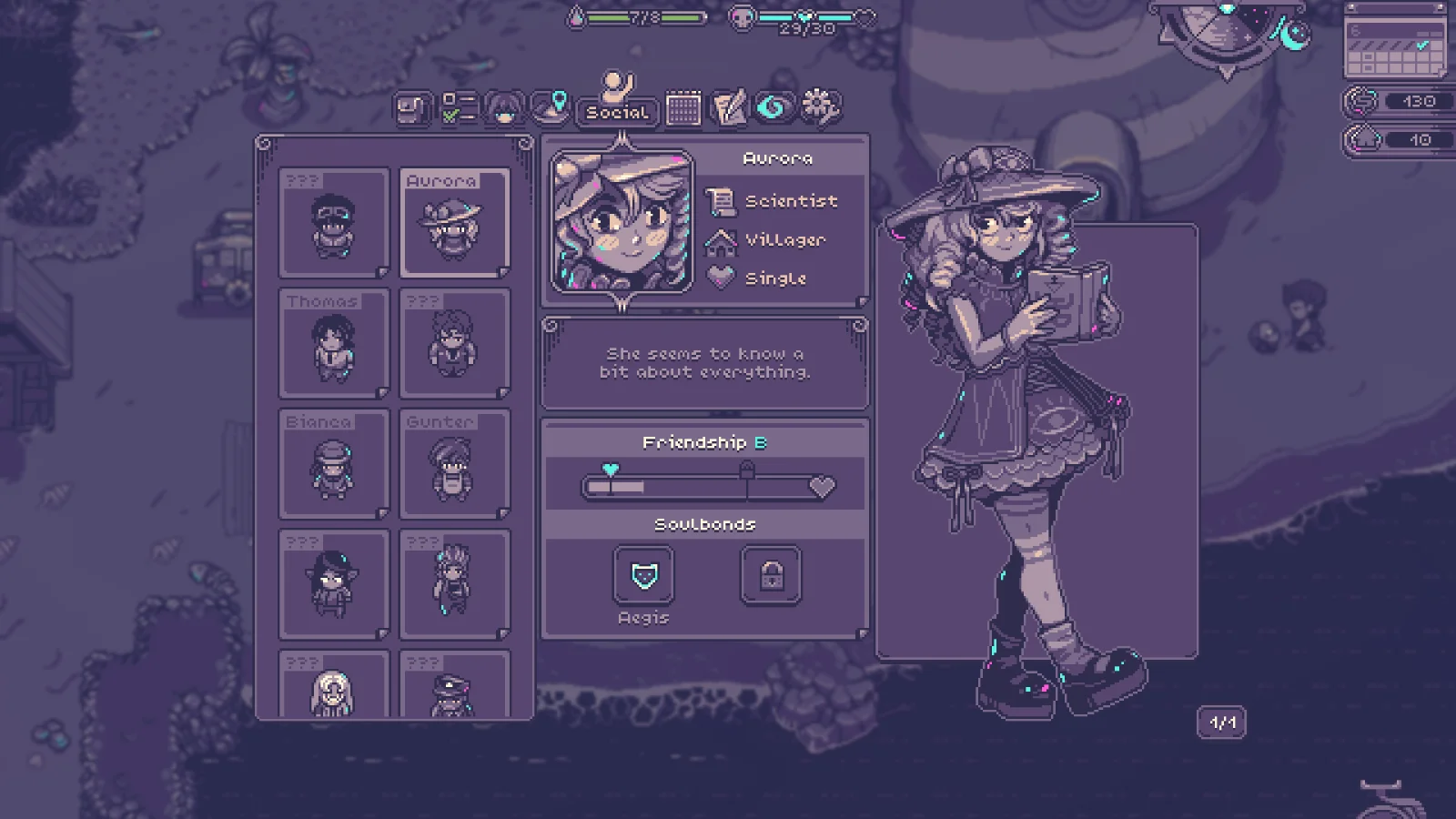 The relationship menu showing Aurora and other residents
