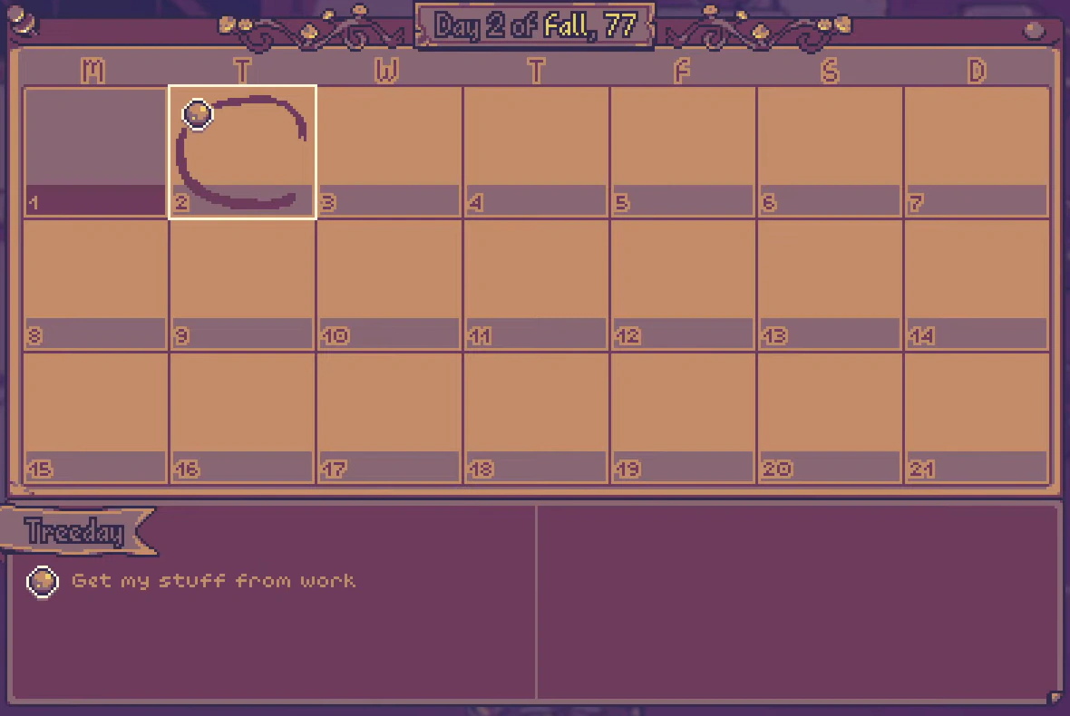 Neverway calendar on Day 2 of Fall, year 77, with a Tuesday task