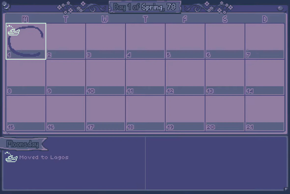 Neverway calendar on Day 1 of Spring, year 78, recording Fiona's move to Lagos