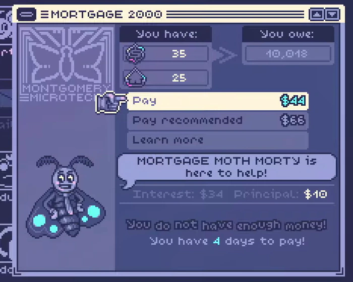 Mortgage Moth Morty mortgage screen showing a balance, payment options, interest and principal