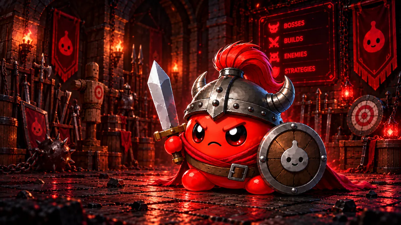 Warrior Slime in a horned, plumed helmet holding a sword and shield in a torchlit armory