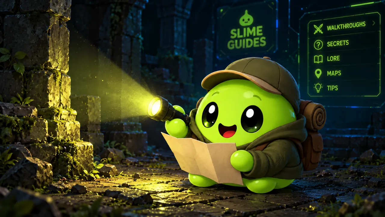 Guide Slime shining a flashlight and holding a map while exploring dark ruins