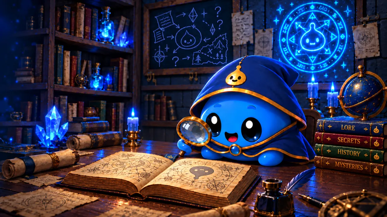 Mystery Slime in a hooded cloak studying an old book through a magnifying glass
