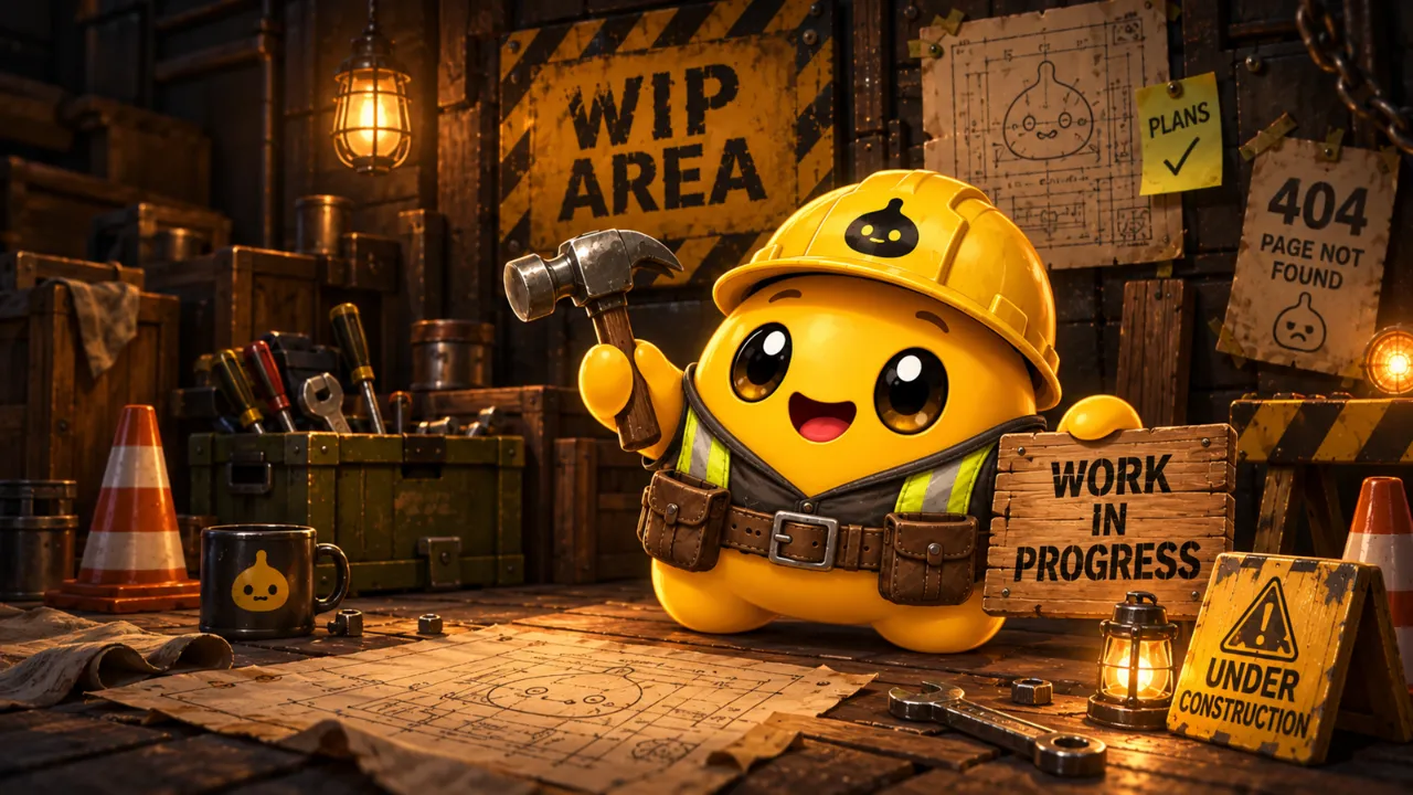 Worker Slime in a hard hat raising a hammer beside a Work in Progress sign